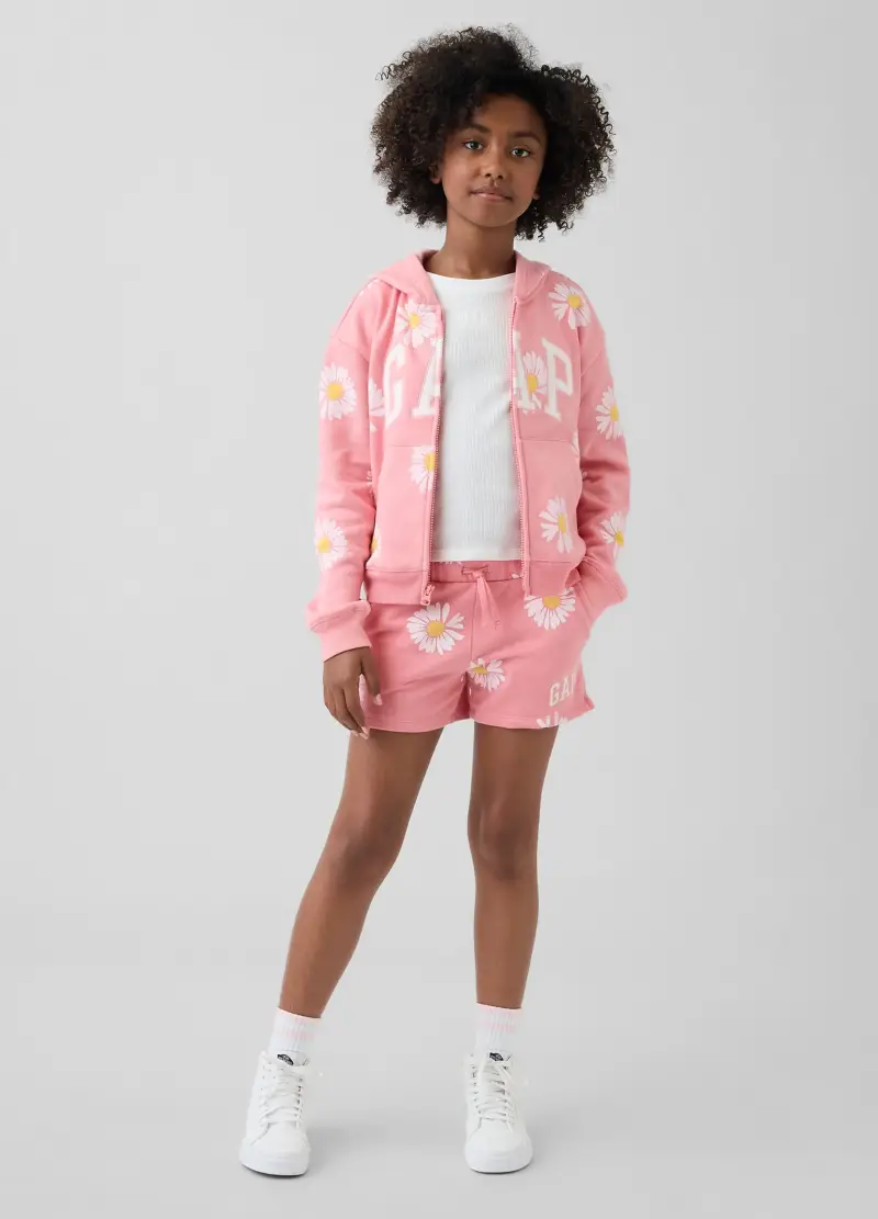 Shorts In Misto Cotone Rosa Da Bambina Con Margherite, Rosa