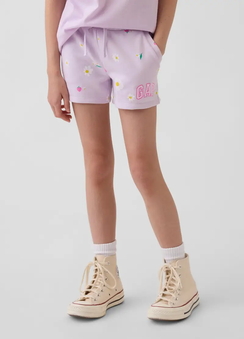 Shorts In Misto Cotone Viola Da Bambina Con Fragole E Fiori, Viola miniatura 2