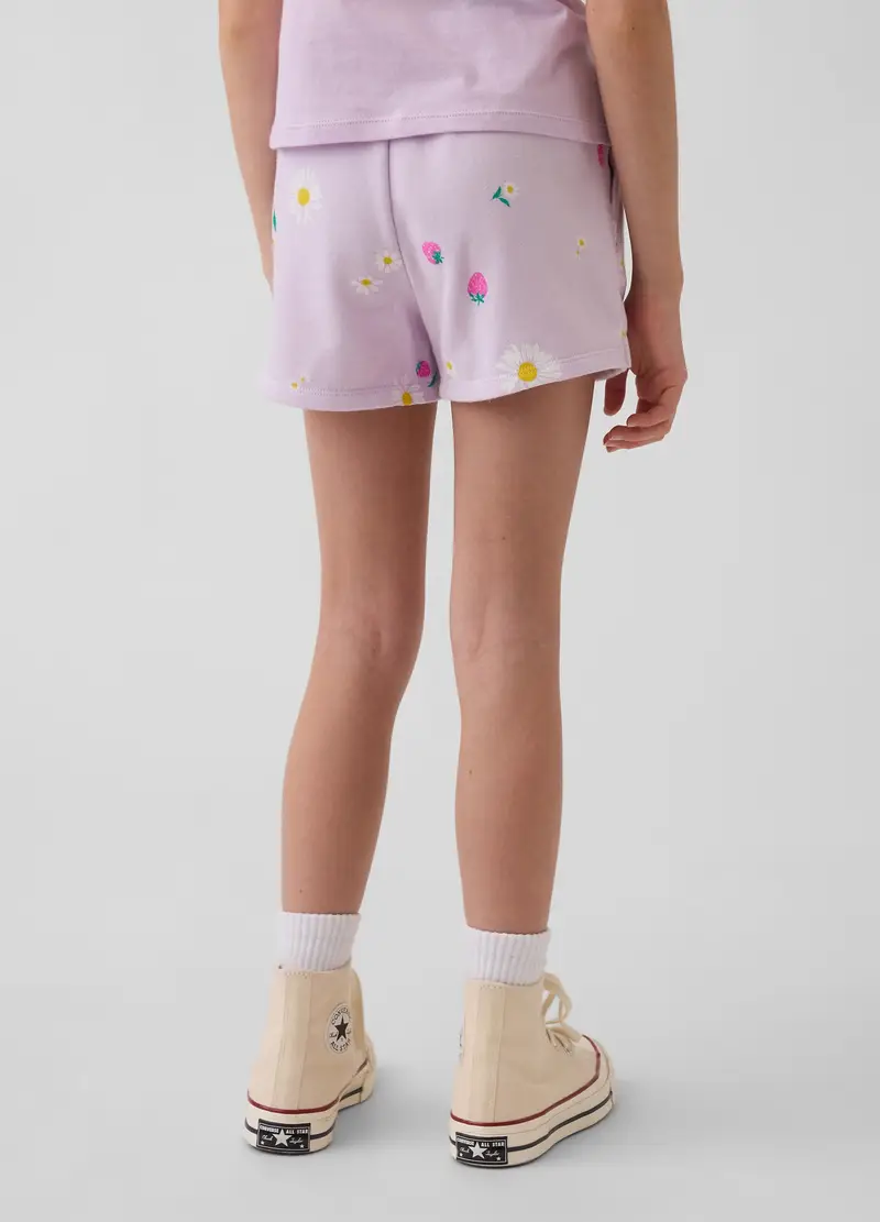 Shorts In Misto Cotone Viola Da Bambina Con Fragole E Fiori, Viola miniatura 3