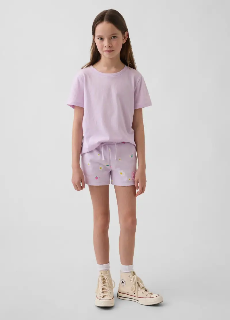 Shorts In Misto Cotone Viola Da Bambina Con Fragole E Fiori, Viola