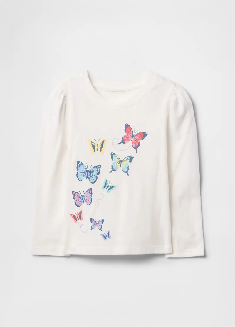 Maglia a maniche lunghe con farfalle, , Bianco/Rosa/Blu