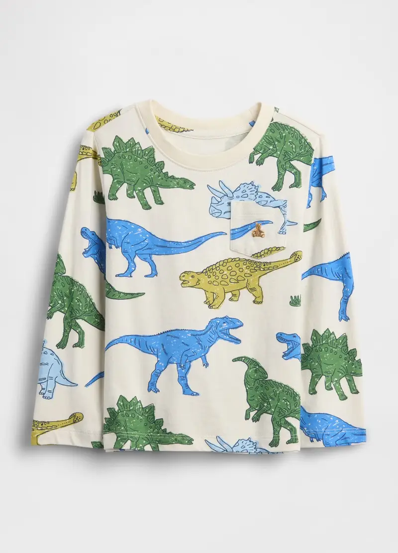 Maglia a maniche lunghe in puro cotone multicolor da bambino con dinosauri, , Bianco/Blu/Verde