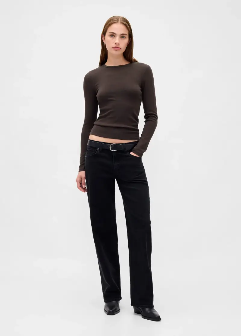 Maglia Nera Elasticizzata A Maniche Lunghe, Donna, Nero miniatura 2