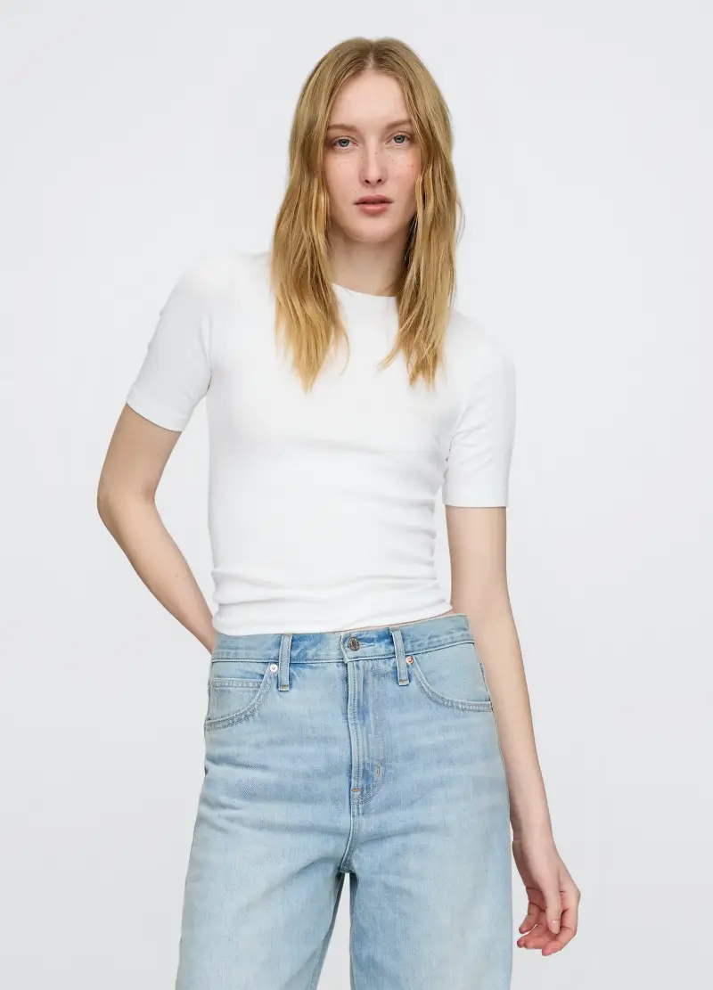 Maglietta Elasticizzata A Maniche Corte, Donna, Bianco