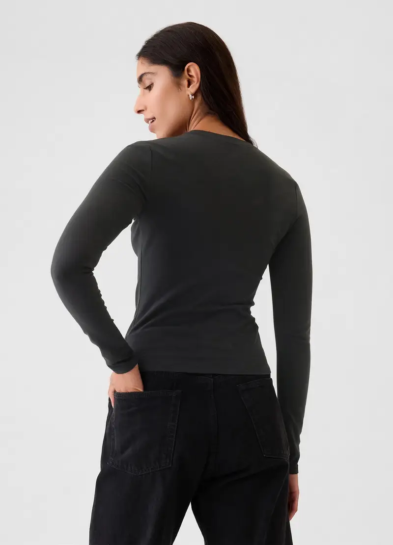 Maglietta Nera A Maniche Lunghe Elasticizzata, Donna, Nero miniatura 3