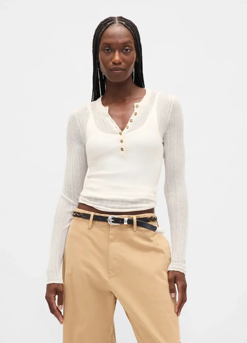 Maglione Bianco Con Trasparenze A Maniche Lunghe, Donna, Beige miniatura 2