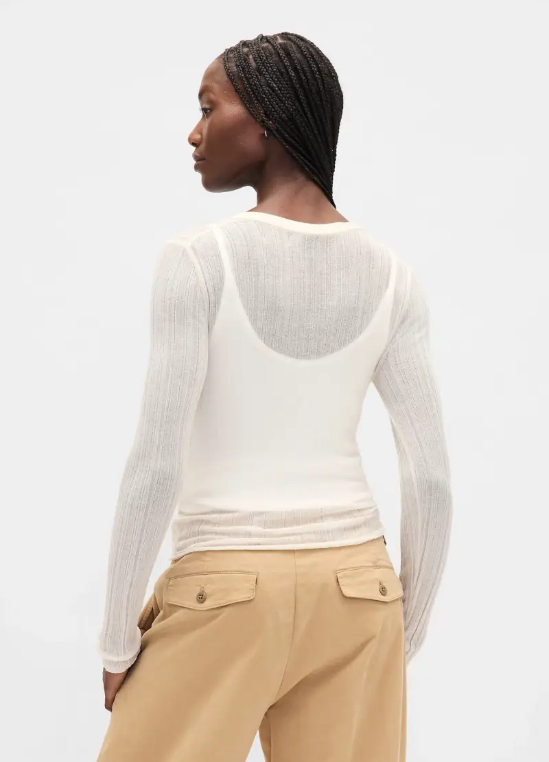 Maglione Bianco Con Trasparenze A Maniche Lunghe, Donna, Beige miniatura 3