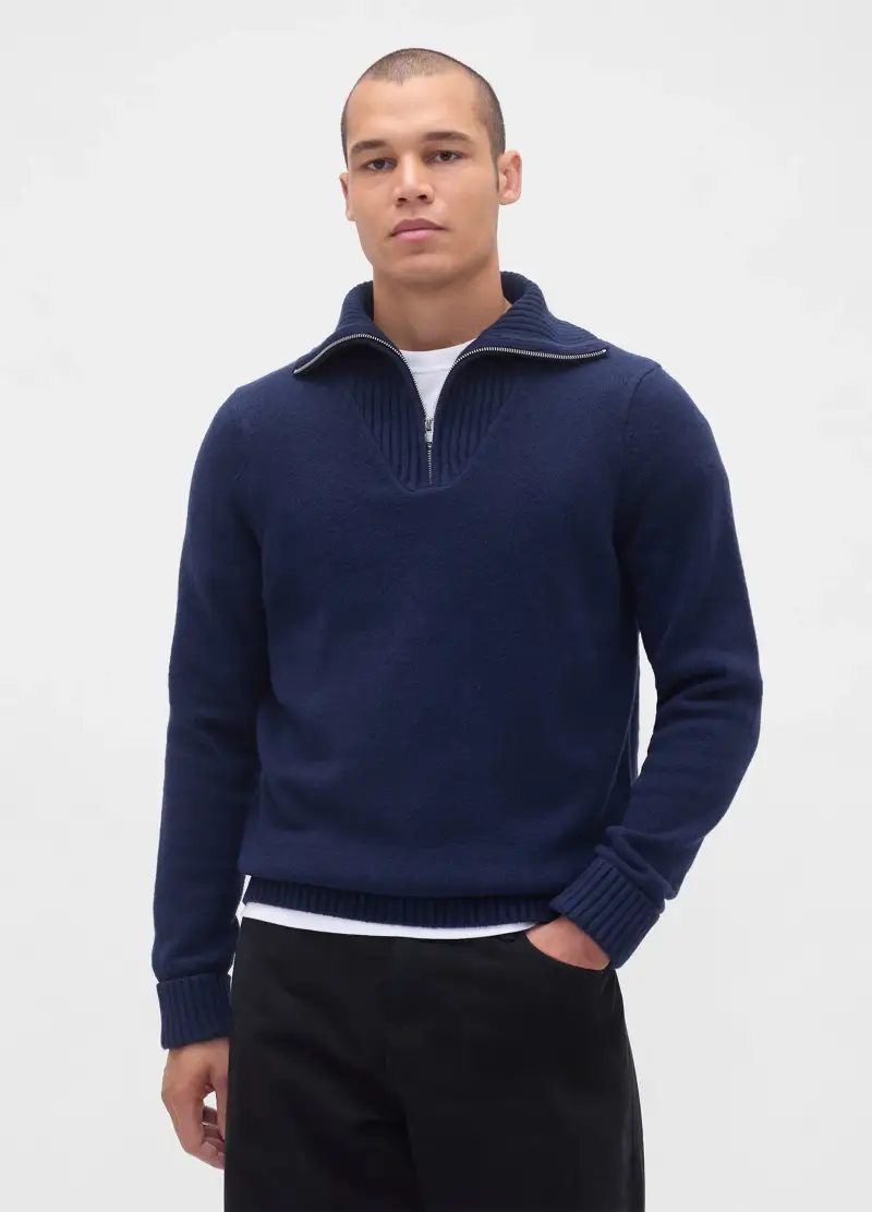 Maglione Cashsoft In Misto Cotone Con Zip, Uomo, Blu