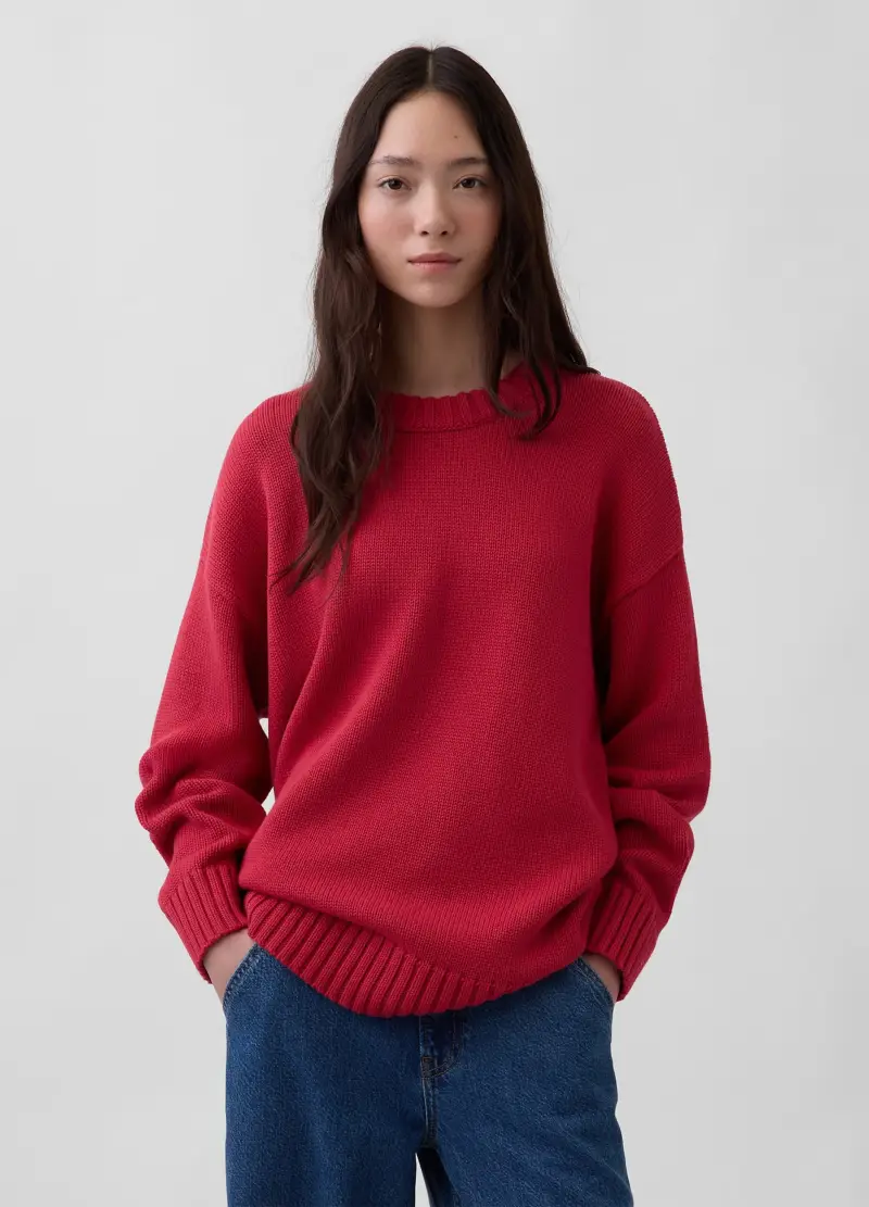 Maglione Girocollo In Puro Cotone Rosso Regular Fit, Donna, Rosso
