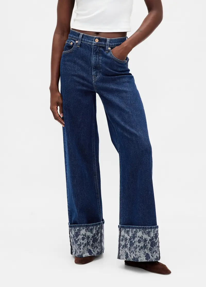 Pantaloni Larghi In Denim Con Risvolto Floreale, Donna, Blu miniatura 2