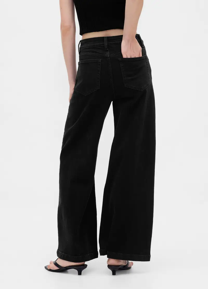 Pantaloni Neri Wide Leg In Cotone Elasticizzato, Donna, Nero miniatura 3
