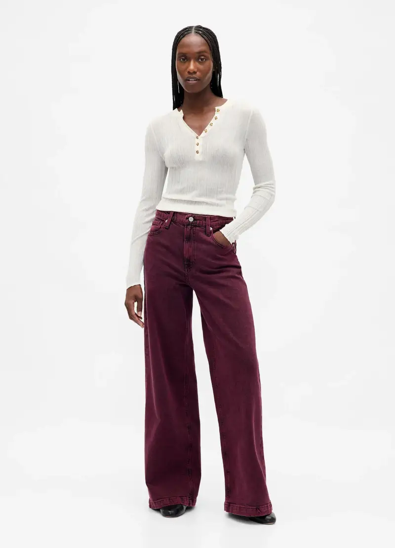 Pantaloni Wide Leg Viola In Cotone Elasticizzato, Donna, Rosso