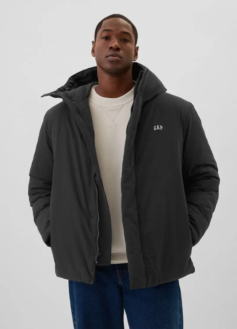 Piumino Con Cappuccio E Ricamo Logo, Uomo, Nero