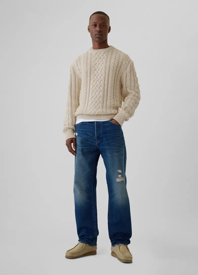 Pullover Beige Con Lavorazione A Trecce In Misto Cotone E Lana, Uomo, Beige miniatura 2