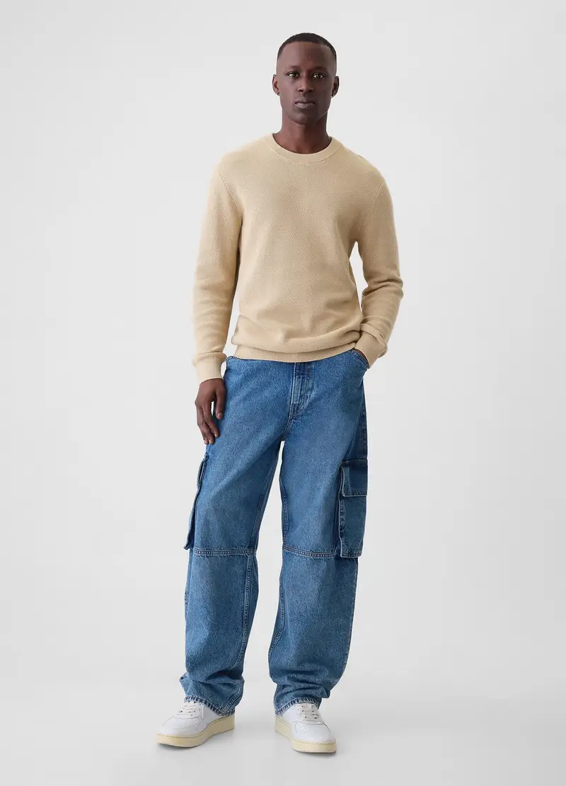 Pullover Beige In Puro Cotone Con Micro Trama A Nido D ape, Uomo, Beige miniatura 2