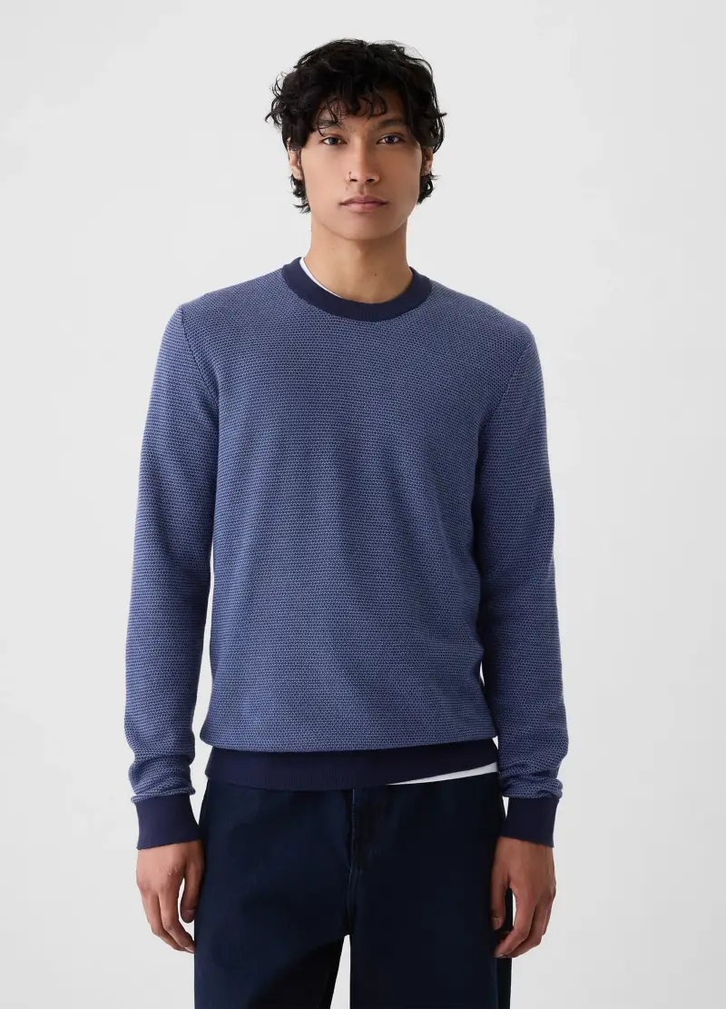 Pullover blu indigo in puro cotone con micro trama a nido d'ape, , Blu indigo