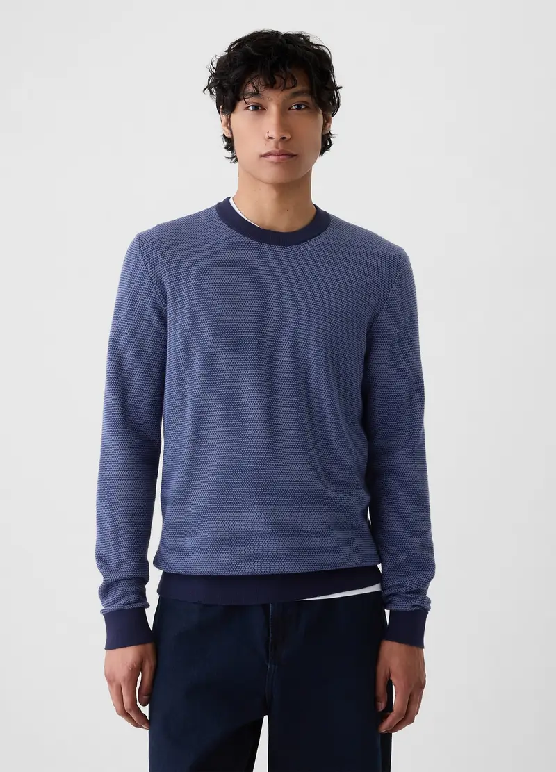 Pullover Blu Indigo In Puro Cotone Con Micro Trama A Nido D ape, Uomo, Blu
