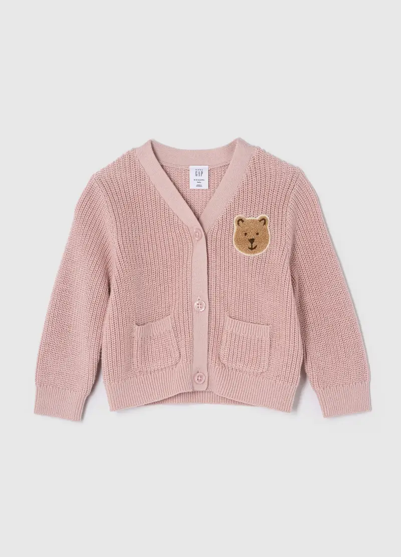 Pullover con scollo a V e patch orsetto bouclé, Rosa cipria