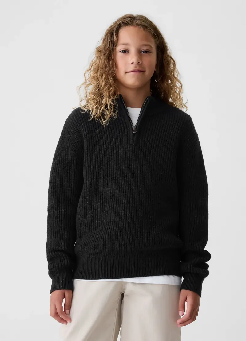 Pullover mock neck con mezza zip, Bambino, Nero