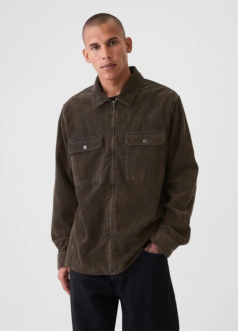 Shacket full-zip in corduroy, , Marrone