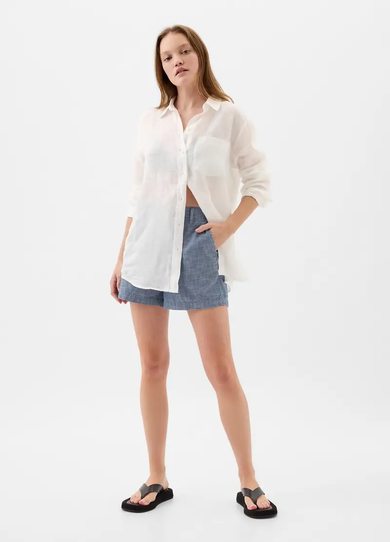Shorts In Cotone Chambray, Donna, Blu