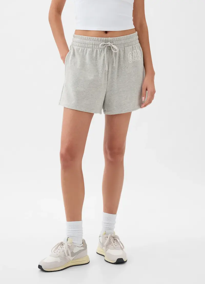 Shorts in French Terry con ricamo logo, , Grigio chiaro melange