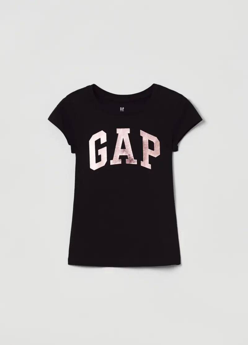 T-shirt in cotone con stampa logo in foil, Bambina, Nero canna di fucile