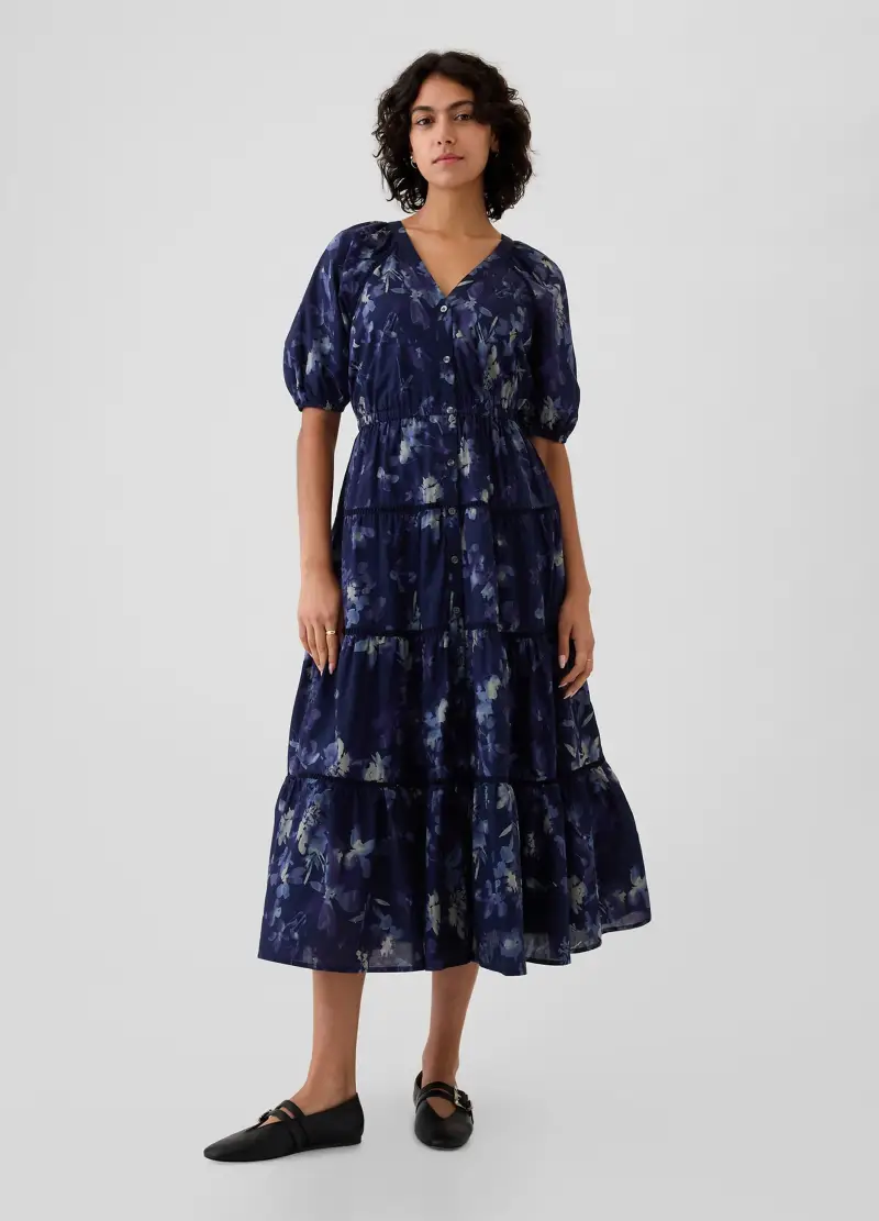 Vestito lungo chemisier a balze, , Blu scuro