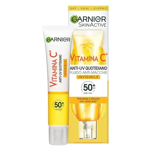 Garnier Fluido Anti-UV Anti-Macchie Invisibile, SPF 50+, Per Tutti i Tipi di Pelle, Arricchito con Vitamina C, Protegge