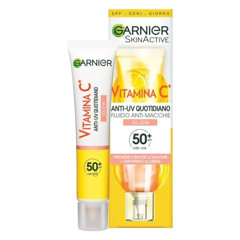 Garnier Fluido Anti-UV Quotidiano Anti-Macchie Glow, SPF 50+, Per Tutti i Tipi di Pelle, Arricchito con Vitamina C*,