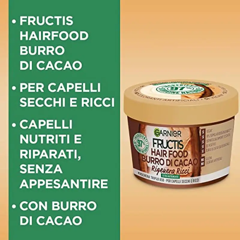 Garnier Fructis Hair Food Burro di Cacao Rigenerante, Maschera per Capelli Secchi e Ricci, 97% di Ingredienti di Origine Naturale, Senza Siliconi, 390 ml miniatura 2