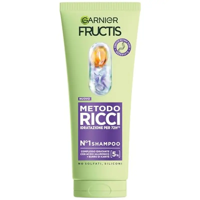 Garnier Fructis Shampoo Idratante, Per Capelli Ricci Definiti, Idratati e Morbidi, Arricchito con Acido Ialuronico e Burro di Karité, Metodo Ricci, 200 ml