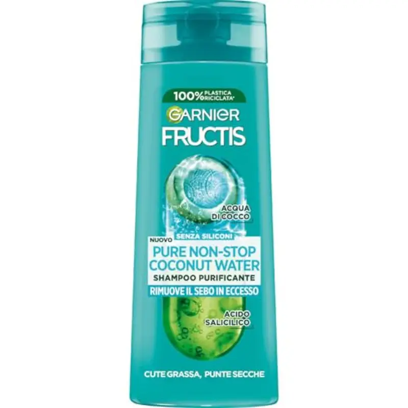Garnier Fructis Shampoo Purificante, Per Capelli Cute Grassa e Punte Secche, Azione Seboregolatrice, Con Estratto di Acqua di Cocco e Acido Salicilico, Pure Non-Stop Cocconato Water, 250 ml