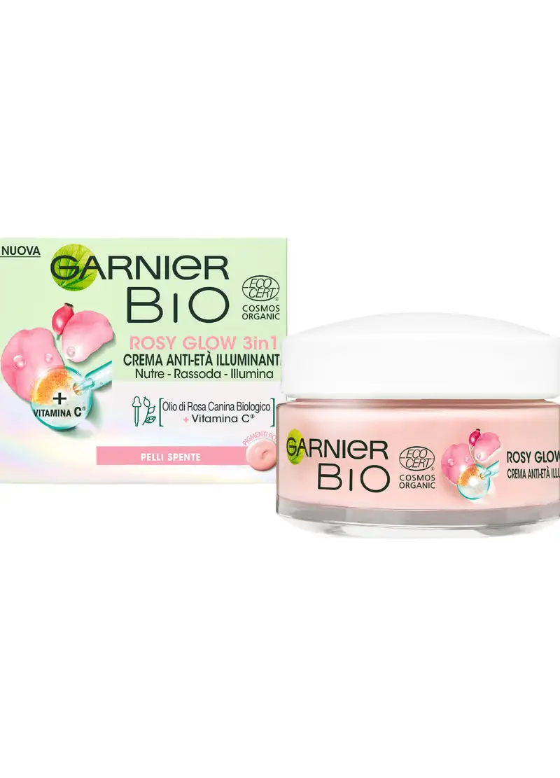 GARNIER, Garnier Bio Rosy Glow, Crema Rosa Idratante 3-in-1, Azione Nutriente, Rassodante E Illuminante, Arricchita Con Olio Di Rosa Canina Bio E Vitamina C, Formula Vegana, 50 Ml., Donna, Bianco, Taglia: FASUL