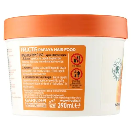 Garnier Hair Food Maschera Riparatrice 3 in 1 con Formula Vegana per Capelli Danneggiati, Papaya, 390 ml, Confezione da miniatura 2