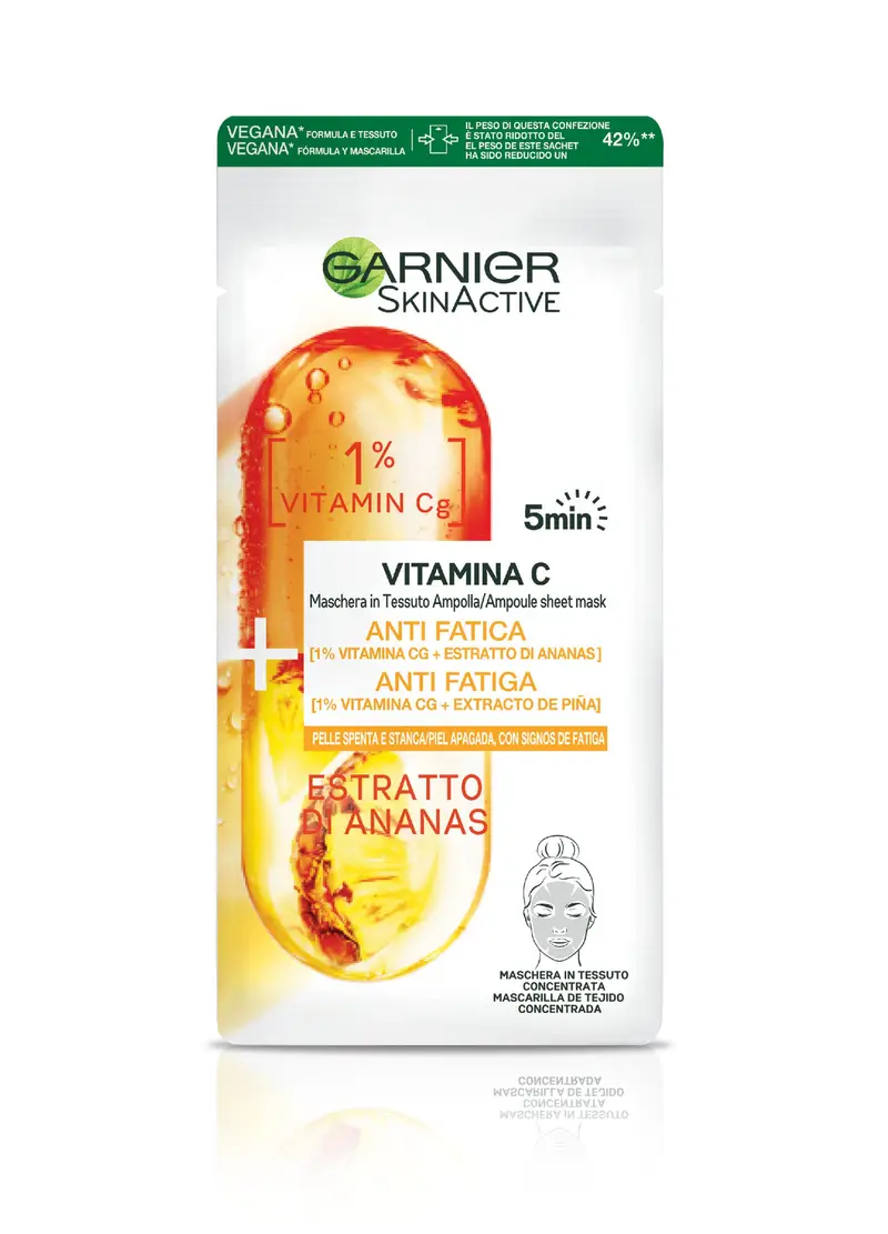 Garnier Maschera In Tessuto Ampolla Anti-fatica Illuminante, Per Pelli Spente E Stanche, Estratto Di Ananas E Vitamina C., Donna, Bianco