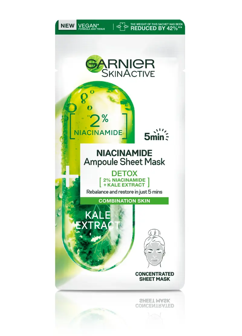 Garnier Maschera In Tessuto Ampolla Detox Purificante, Per Pelli Miste E Grasse, Estratto Di Cavolo Nero E Niacinamide., Donna, Bianco