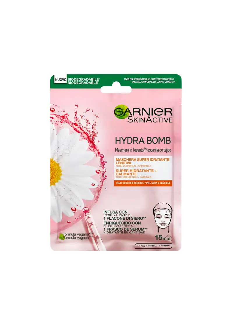 Garnier Maschera In Tessuto Hydrabomb, Formula Idratante E Lenitiva Per Pelli Secche E Sensibili, Camomilla, 32 Ml., Donna, Bianco