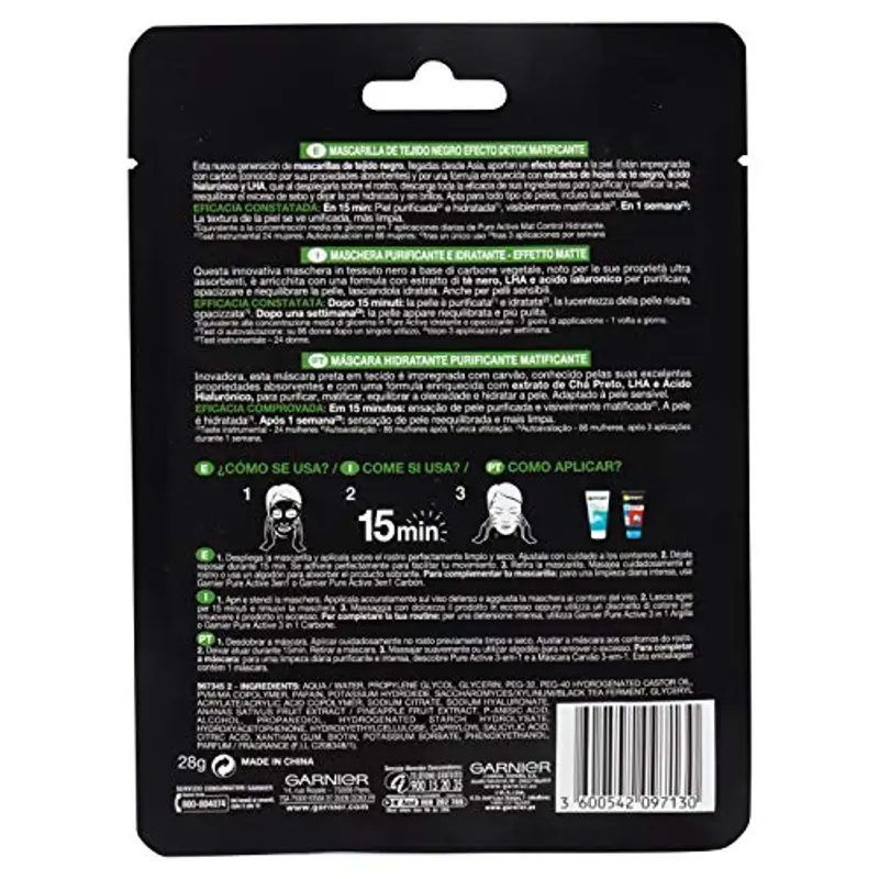 Garnier Maschera in Tessuto Pure Charcoal, Idratante per Pelli Normali o Miste, 28 g (Pack of 4) miniatura 3