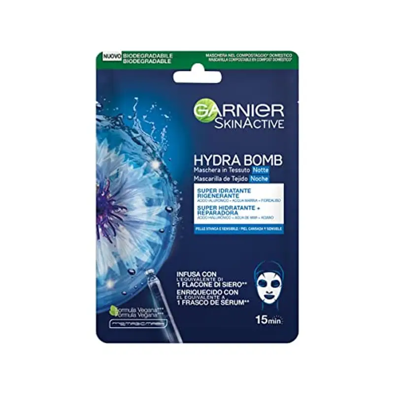 Garnier Maschera in Tessuto Skin Active Hydra Bomb Notte, Idratante e Rigenerante, Con Acido Ialuronico, Acqua Marina e Fiordalisio, Per Pelli Stanche e Sensibili, 28 g