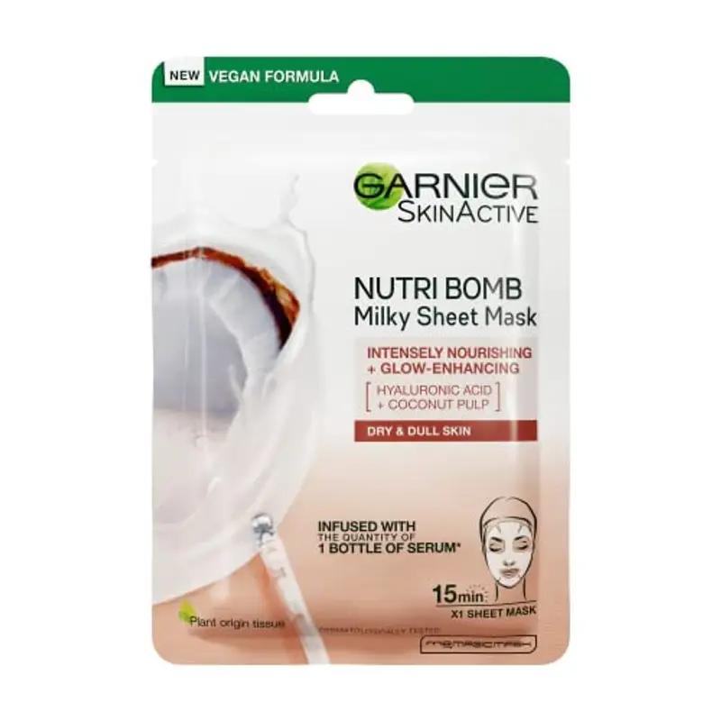 Garnier Nutri Bomb - Maschera in foglio di latte, con cocco e acido ialuronico per pelli idratate, nutrienti intensamente e ripristinanti, tessuto vegano