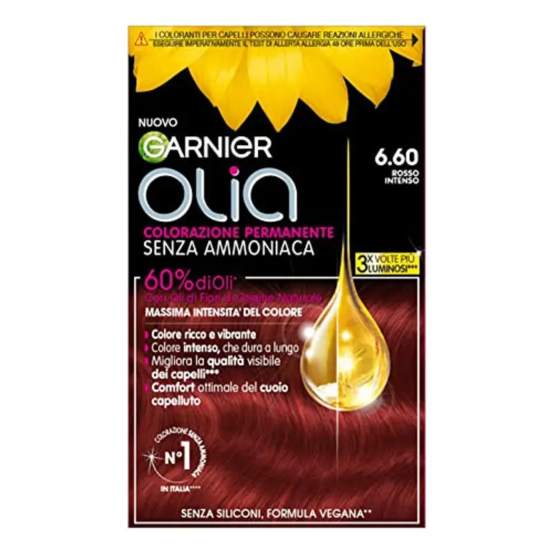 Garnier Olia Bold Tinta Capelli, Colorazione Permanente Senza Ammoniaca, Copre il 100% dei Capelli Bianchi, Con Oli di Fiore di Origine Naturale, Formula Vegana, Rosso Intenso