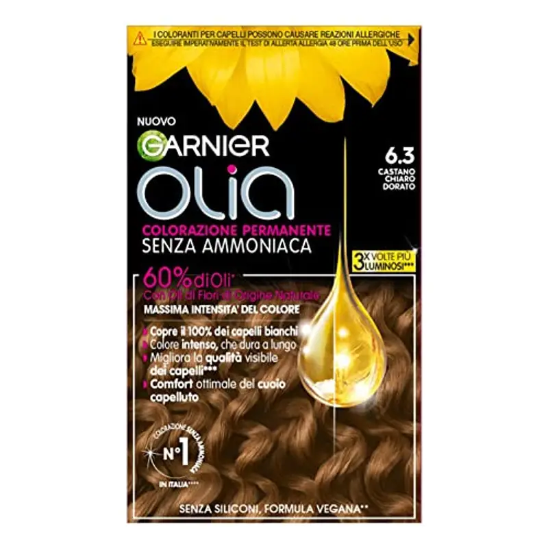 Garnier Olia, Colorazione Permanente Senza Ammoniaca, Copre il 100% dei Capelli Bianchi, Con Oli di Fiore di Origine Naturale, Formula Vegana, Castano Chiaro Dorato
