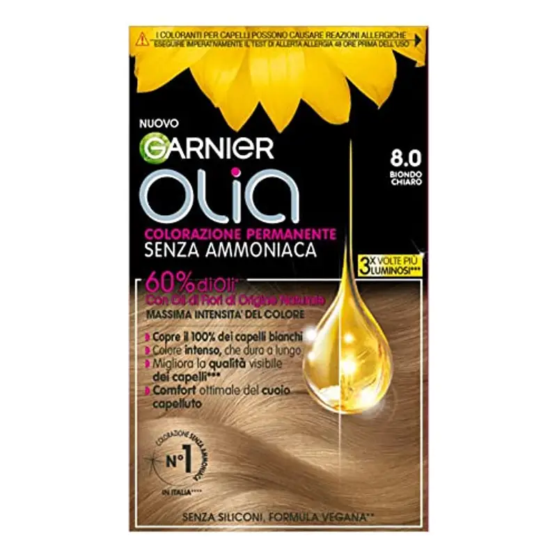 Garnier Olia Tinta Capelli, Colorazione Permanente Senza Ammoniaca, Copre il 100% dei Capelli Bianchi, Con Oli di Fiore di Origine Naturale, Formula Vegana, Biondo Chiaro