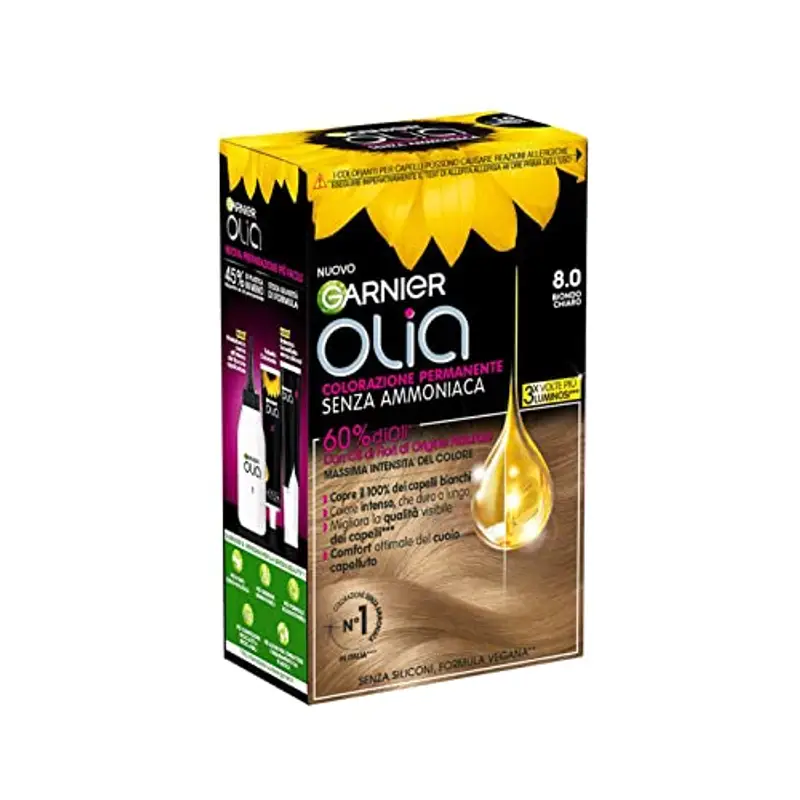 Garnier Olia Tinta Capelli, Colorazione Permanente Senza Ammoniaca, Copre il 100% dei Capelli Bianchi, Con Oli di Fiore di Origine Naturale, Formula Vegana, Biondo Chiaro miniatura 2