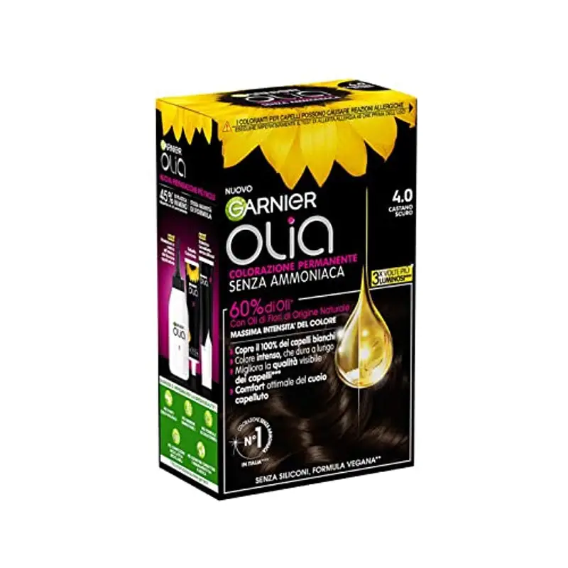 Garnier Olia Tinta Capelli, Colorazione Permanente Senza Ammoniaca, Copre il 100% dei Capelli Bianchi, Con Oli di Fiore di Origine Naturale, Formula Vegana, Castano Scuro miniatura 2