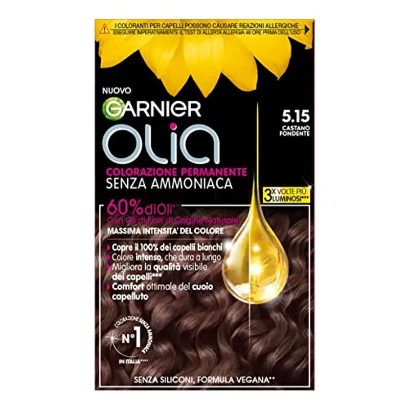 Garnier Olia Tinta Capelli, Colorazione Permanente Senza Ammoniaca, Fragranza Delicata, Copre il 100% dei Capelli Bianchi, Con Oli di Fiore di Origine Naturale, Formula Vegana, Castano Fondente