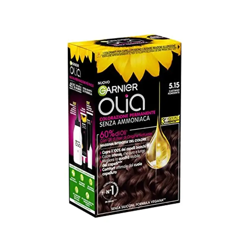 Garnier Olia Tinta Capelli, Colorazione Permanente Senza Ammoniaca, Fragranza Delicata, Copre il 100% dei Capelli Bianchi, Con Oli di Fiore di Origine Naturale, Formula Vegana, Castano Fondente miniatura 2