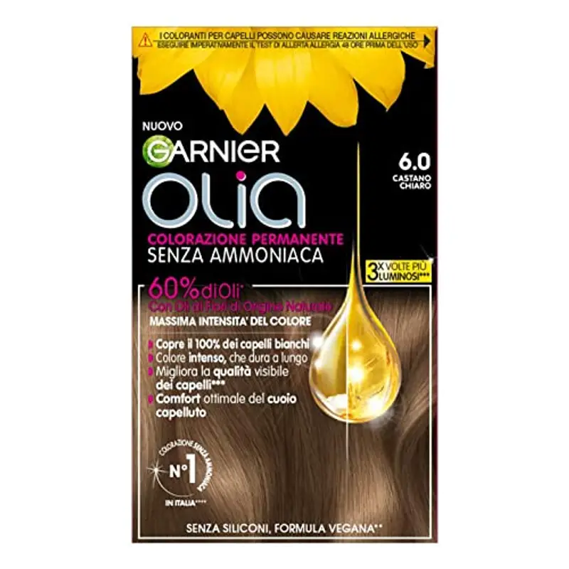 Garnier Olia Tinta Capelli Senza Ammoniaca, Copre il 100% dei Capelli Bianchi, Castano Chiaro