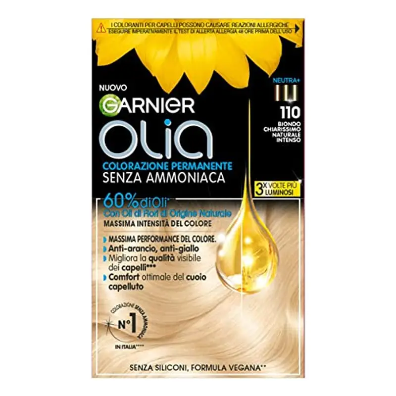 Garnier Olia Tinta Capelli, Senza Ammoniaca, Copre il 100% dei Capelli Bianchi, Formula Formula Vegana, Biondo Chiarissimo Naturale Intenso